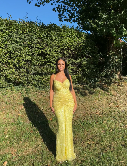 Sparkly Halter Yellow Sequin Pleated Mermaid Long Evening Dress Formal Wedding Guest Dress Party Dress