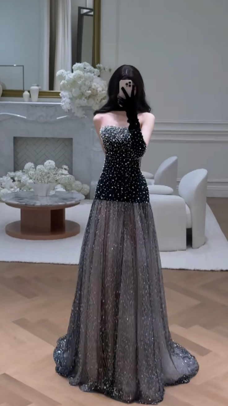 Gorgeous Black Strapless Tulle Beaded Mermaid Evening Dress Long Prom Dresses