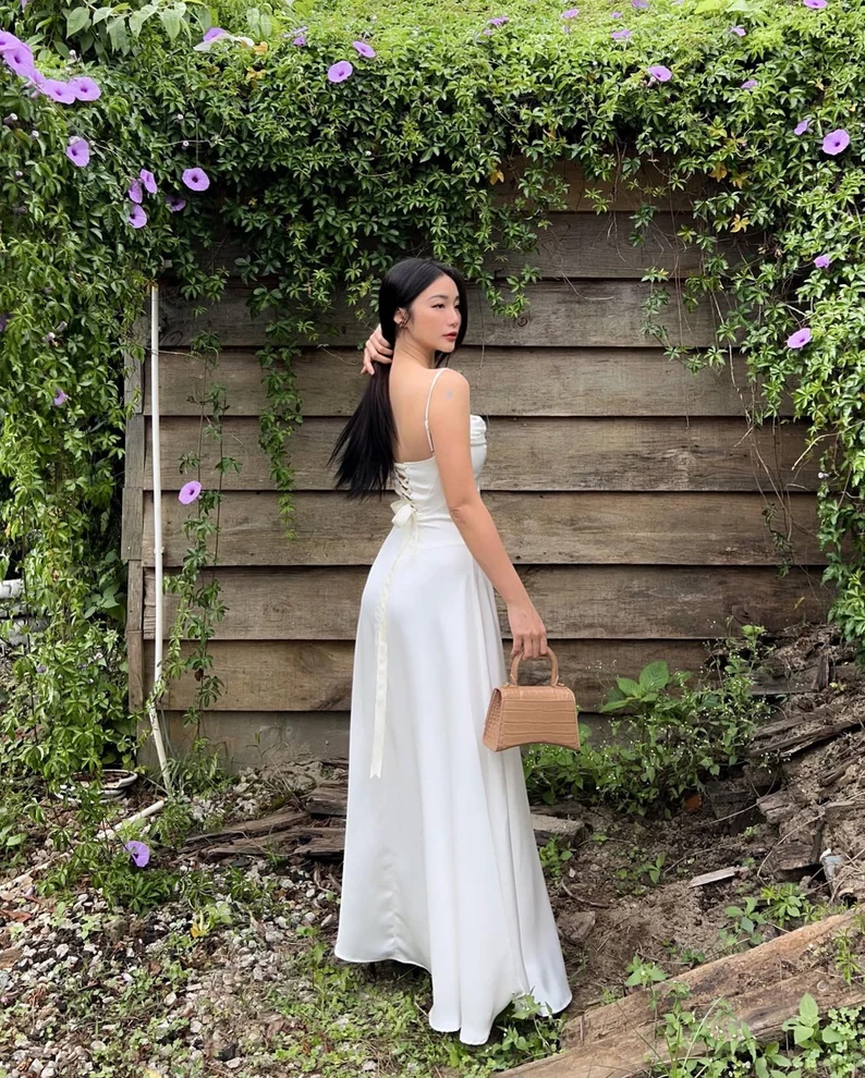Simple White Satin Spaghetti Straps A Line Party Dress Elegant Prom Dress Evening Gown