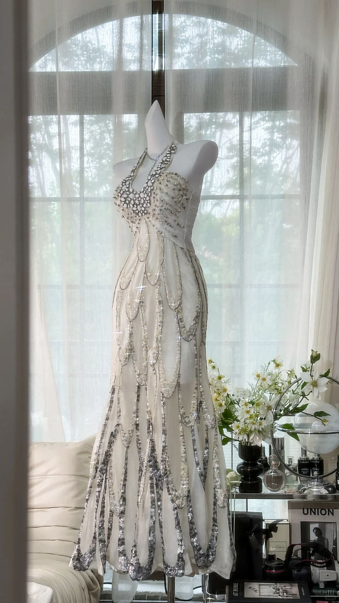 Classy Halter Chiffon Sequin Beaded Mermaid Evening Dress Long Prom Gown