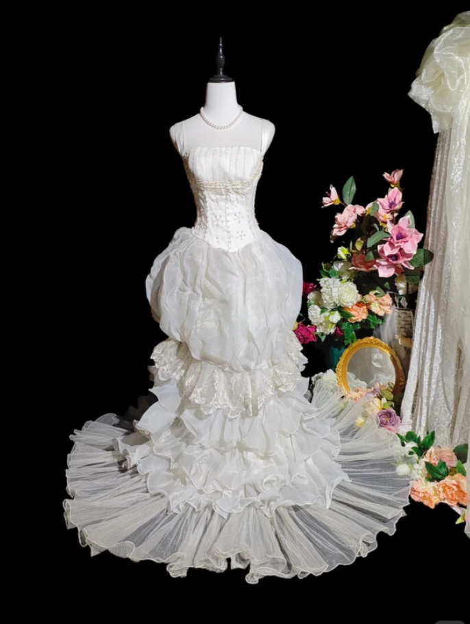 Classy Spaghetti Straps White Satin Tulle Layered Ruffles Long Mermaid Evening Dress Birthday Party Dress