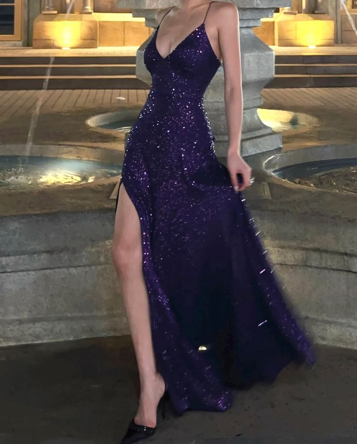 Charming Spaghetti Straps Purple V Neck Sequin Slit Mermaid Evening Dress Long Wedding Guest Dress