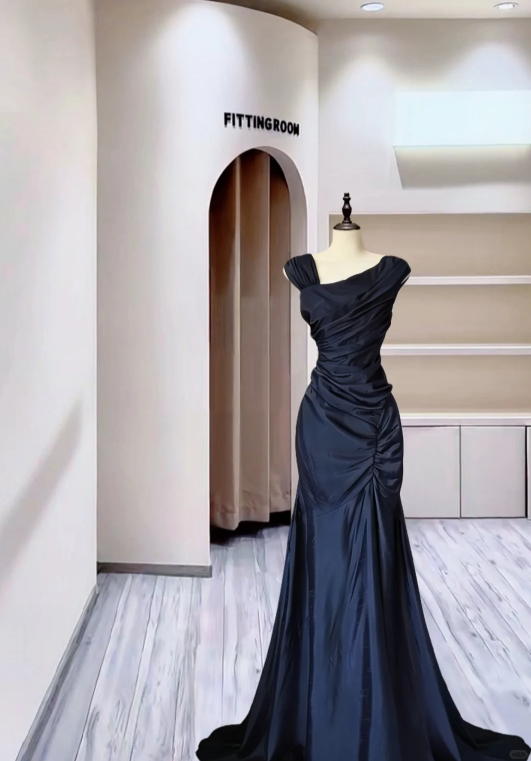 Classy Navy Blue Satin Pleated Mermaid Evening Dress Long Wedding Guest Dress