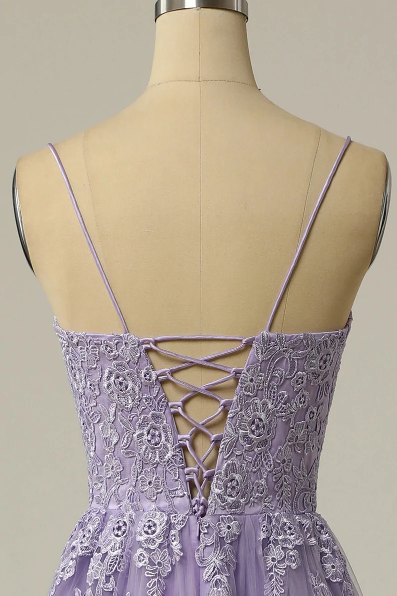A Line Bateau Appliques Spaghetti-Straps Sleeveless Prom Dresses