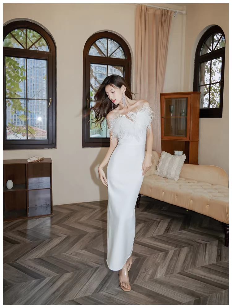 Chic Feathers Strapless White Satin Sheath Long Prom Dress Evening Dresses