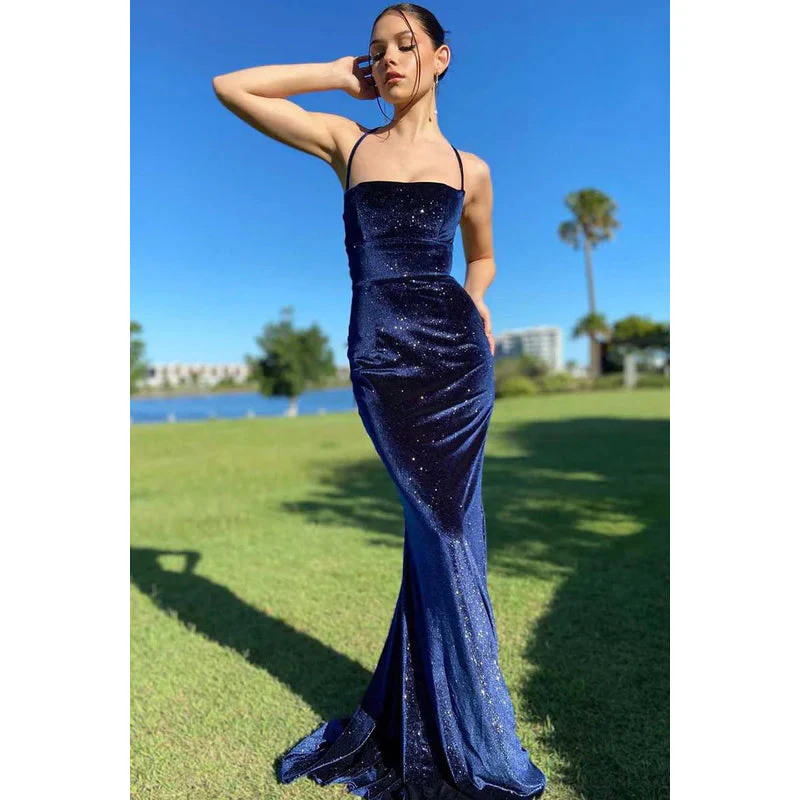 Vintage Navy Blue Velvet Prom Dress Sexy Mermaid Party Evening Gown