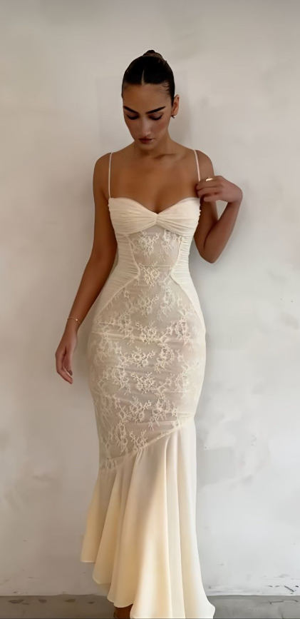 Apricot Lace Chiffon Mermaid Evening Dress Classy Prom Party Dress