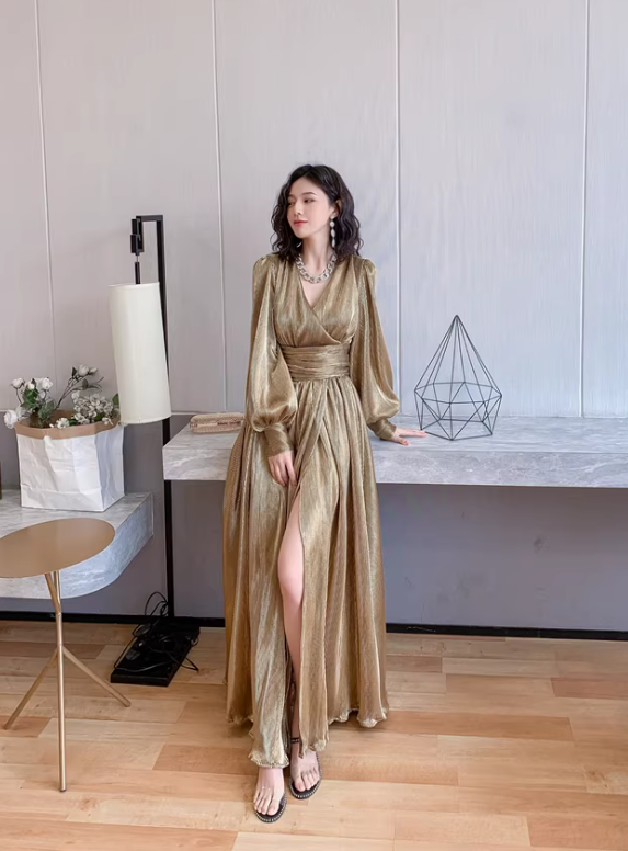 Unique Gold V Neck Satin Pleated Slit A Line Long Evening Dress Formal Wedding Guest Dress