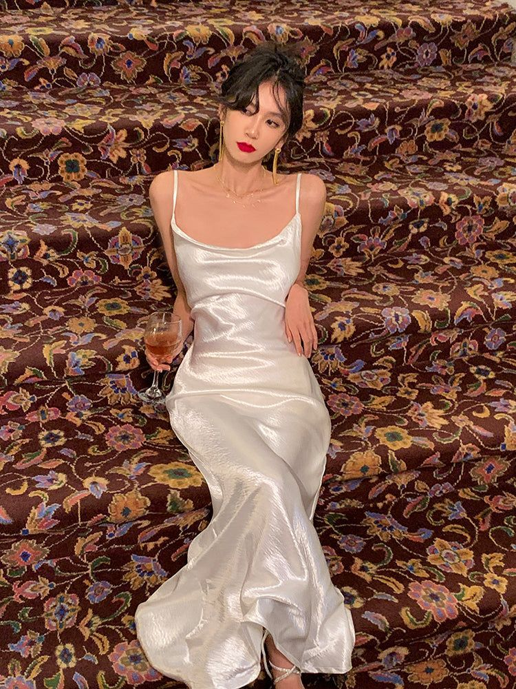 Elegant Spaghetti Straps White Satin Mermaid Prom Dress Formal Bridesmaid Dress