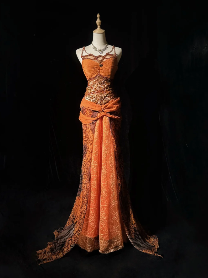 Elegant Spaghetti Straps Chiffon Lace Beaded Mermaid Evening Dress Orange Long Party Gowns