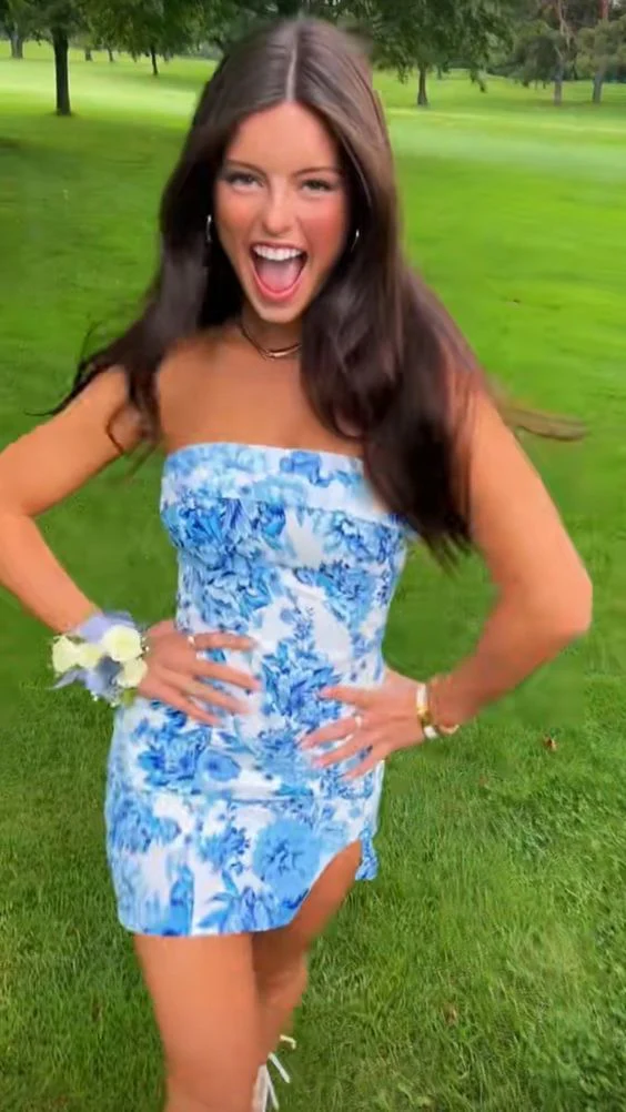 Unique Strapless Blue Satin Print Floral Sheath Short Cocktail Dress Formal Homecoming Dress