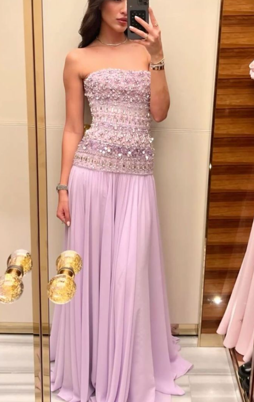 Classy Strapless Lilac Chiffon Beaded Mermaid Long Party Dress Formal Wedding Guest Dress