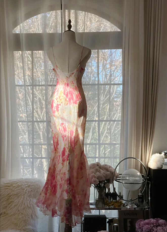 Glamorous Spaghetti Straps Chiffon Print Floral Mermaid Evening Dress Pink Long Party Dress