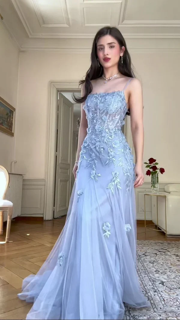 Charming Blue Mermaid Tulle Appliques Evening Dress,Long Prom Party Dress