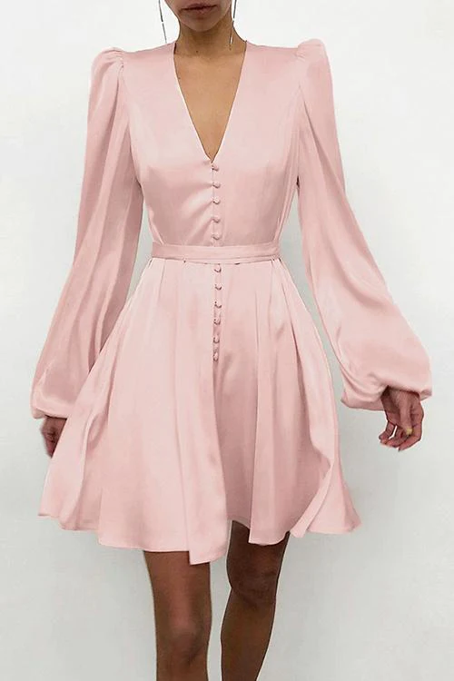Satin V Neck Puff Long Sleeve Mini Dress Black Short Party Dress