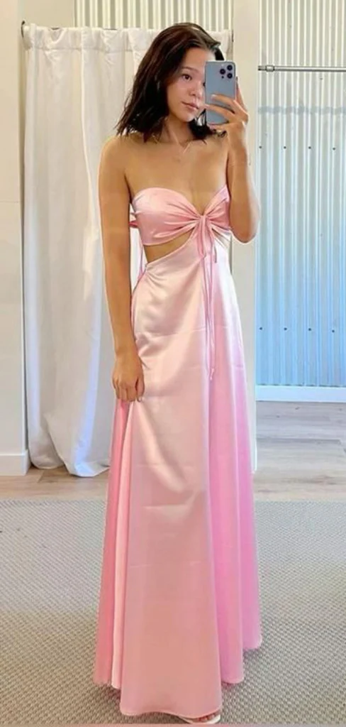 Sexy Pink Satin Backless Party Gown Long Prom Dress