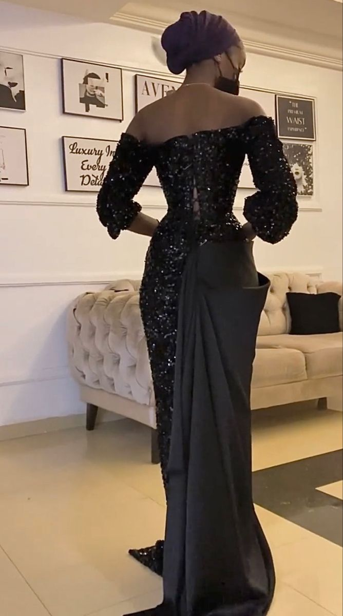Unique Black Satin Sequins Long Prom Dress Sexy Party Evening Gown