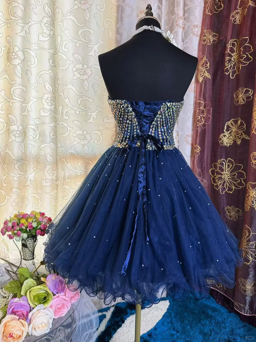 Sparkly Sweetheart Neck Blue Tulle Beaded A Line Short Prom Dress Formal Homecoming Dress