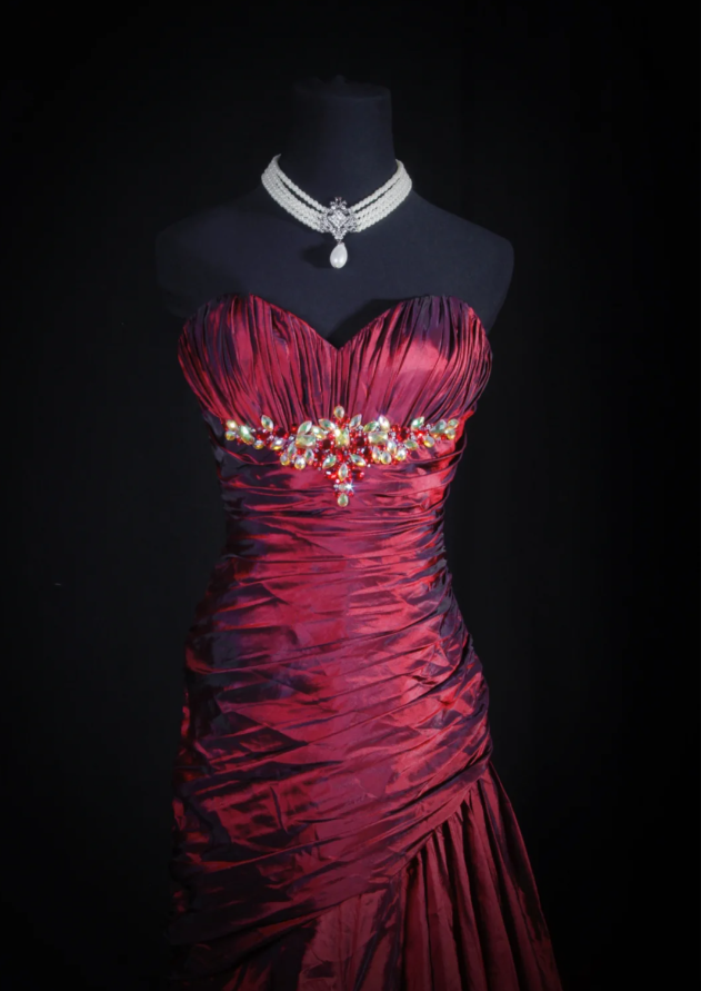 Retro Burgundy Strapless Satin Pleated Mermaid Long Party Dress Birthday Dress With Beads