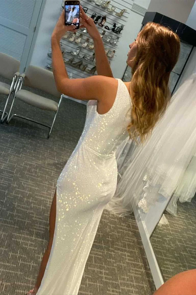 One Shoulder Mermaid Side Slit Prom Dresses, Shiny White Formal Evening Dresses