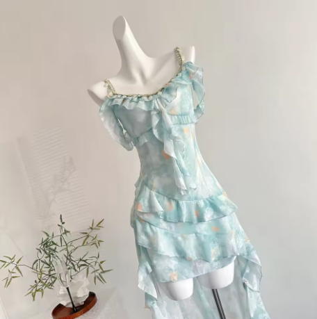 Simple Chiffon Blue Ruffle Party Dress Prom Gown