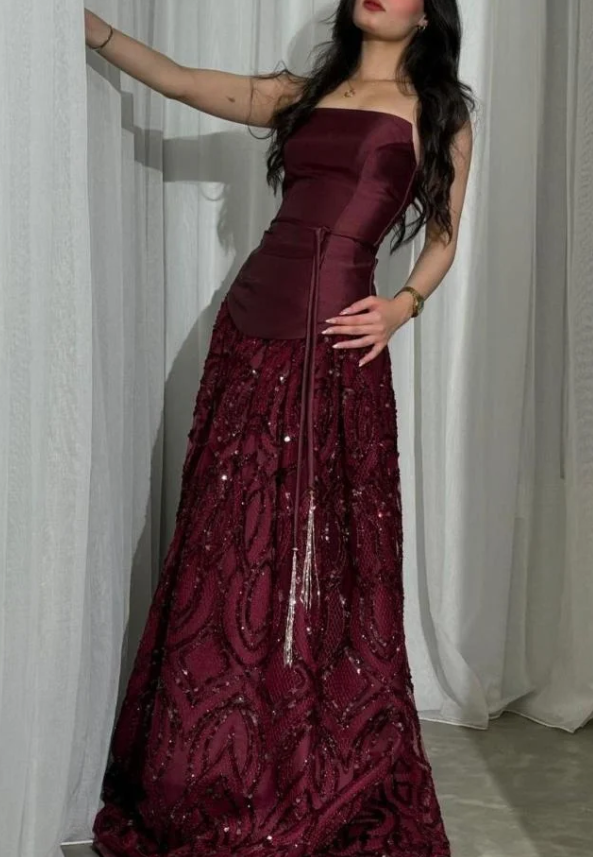 Vintage Burgundy Satin Sequin Evening Dress Formal Prom Dress