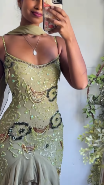 Classy Spaghetti Strap Sage Green Chiffon Beaded Mermaid Evening Dress Long Birthday Party Dress With Scarf