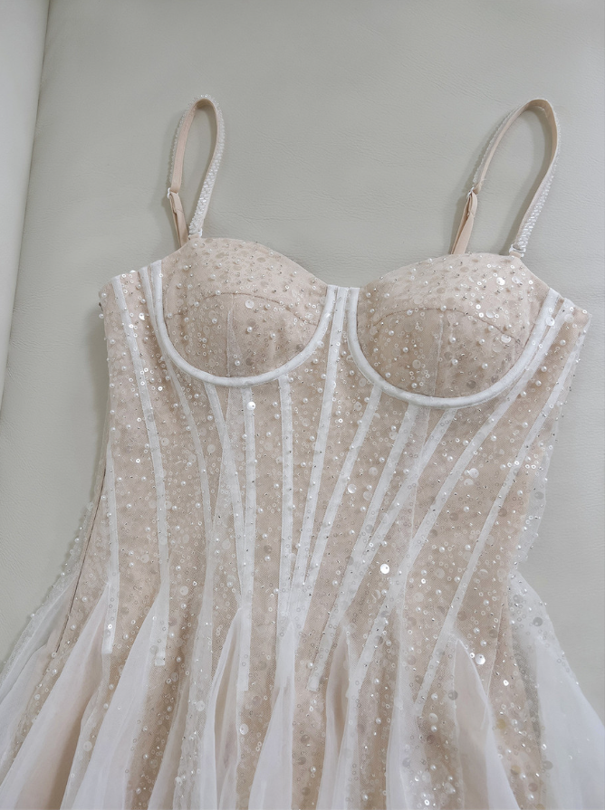 Sparkly Champagne Sequins Spaghetti Straps Homecoming Dress Cocktail Dress