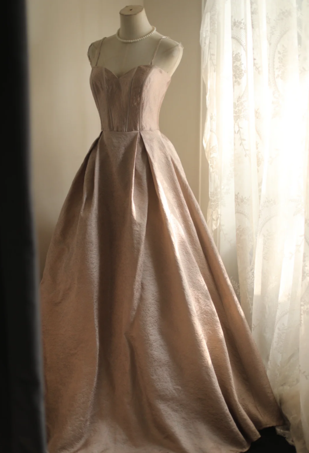 Beautiful Spaghetti Strap Pink Satin Floral A Line Long party Dress Birthday Prom Dress
