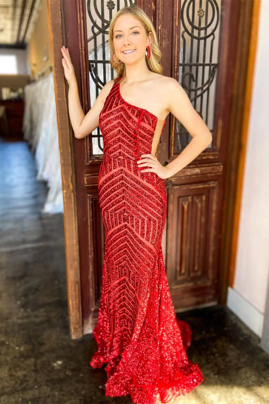 Mermaid One Shoulder Hot Pink Long Prom Dress