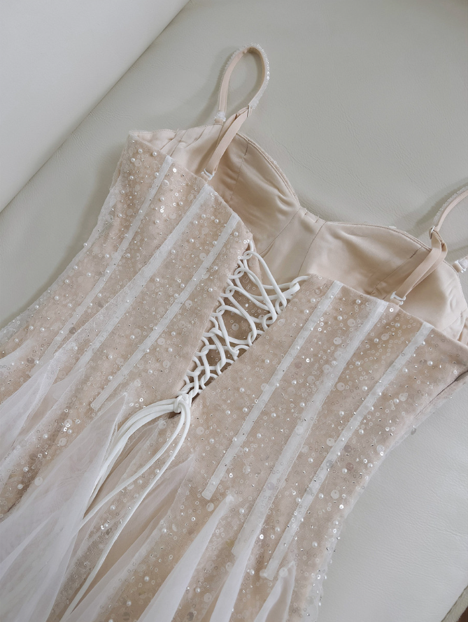 Sparkly Champagne Sequins Spaghetti Straps Homecoming Dress Cocktail Dress