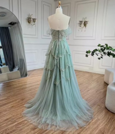 Off The Shoulder Tulle Beaded Evening Dress,Shiny Sage Green Prom Party Dress