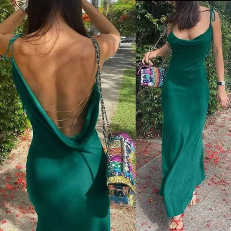 Vintage Spaghetti Straps Green Backless Prom Dress Long Party Evening Gown
