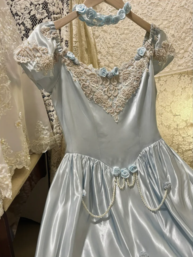 Fairy Blue Ball Gown Off The Shoulder Satin Long Birthday Party Dress With 3D Flowers Dress