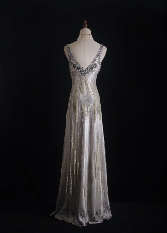 Glitter Silver Satin Sequin Beaded Mermaid Long Party Dress Formal Birthday Evening Dress