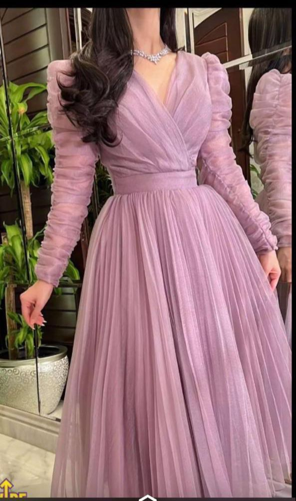 Modest A-line V Neck Tulle Evening Dress
