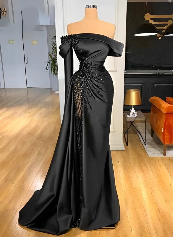 Classic Sheath Off-The-Shoulder Satin Beaded Prom Dress Formal Party Evening Gown