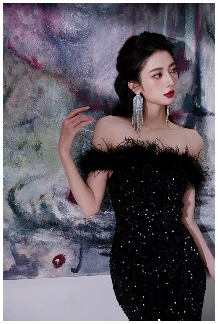Glamorous Feathers Strapless Black Sequin Slit Mermaid Evening Dress Long Birthday Party Dress