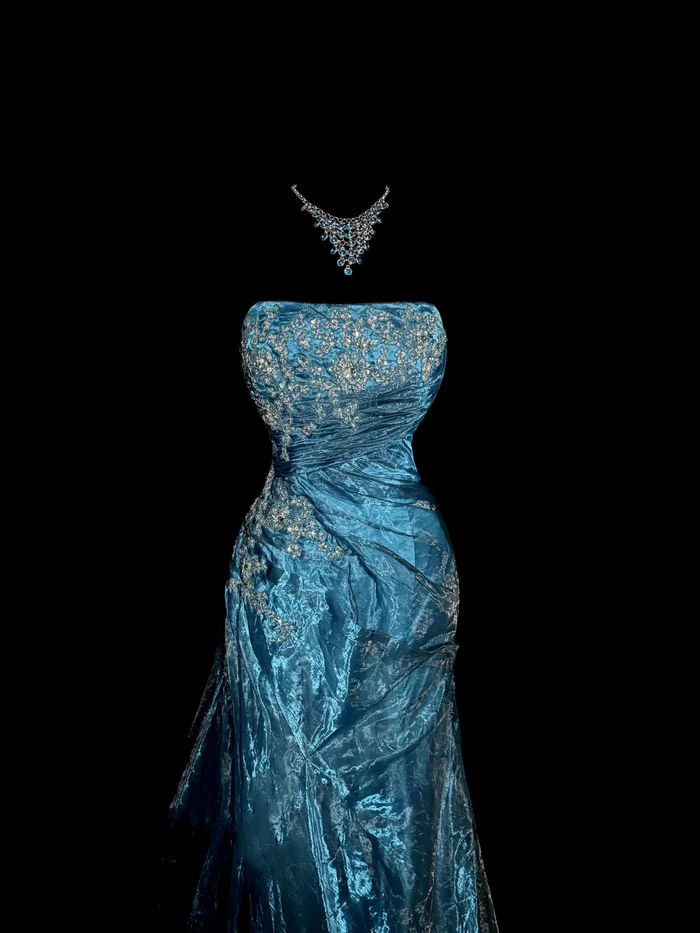 Charming Strapless Blue Tulle Sequin Beaded Mermaid Evening Dress Long Birthday Party Dress