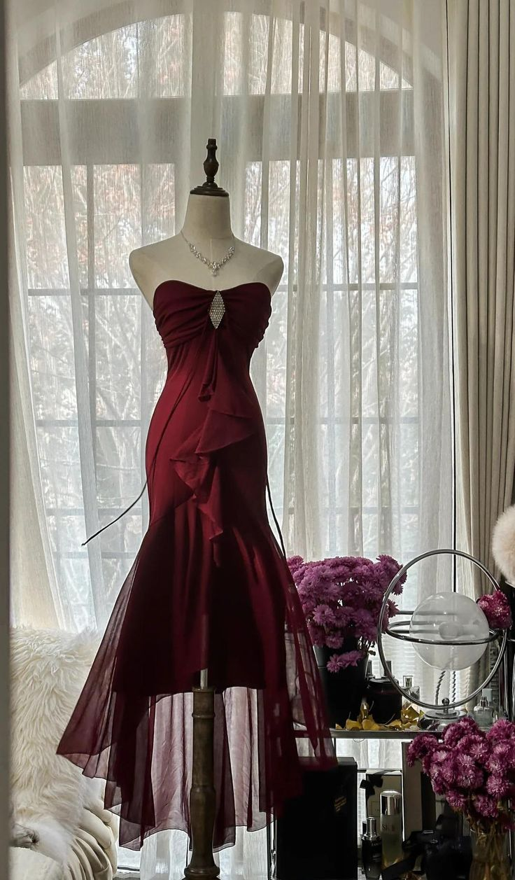 Burgundy Mermaid Chiffon Strapless Prom Dress Graduation Party Dress