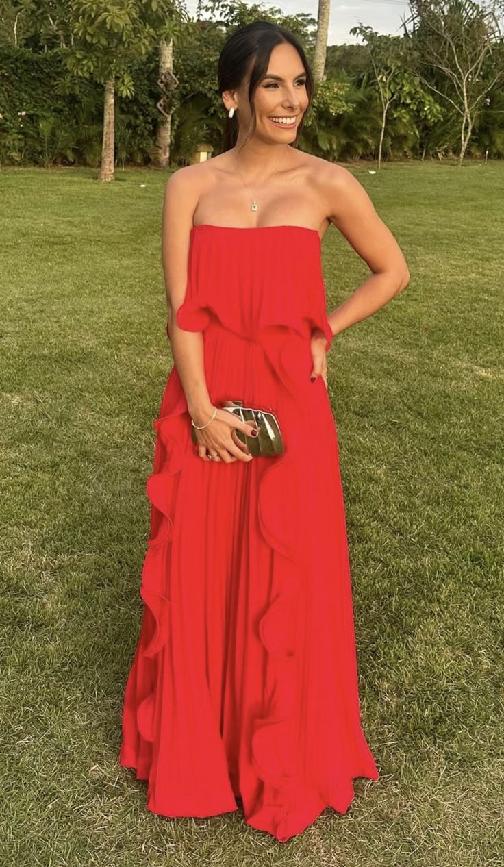 Sexy Strapless Red Chiffon Ruffle Party Dress Long Wedding Guest Dress
