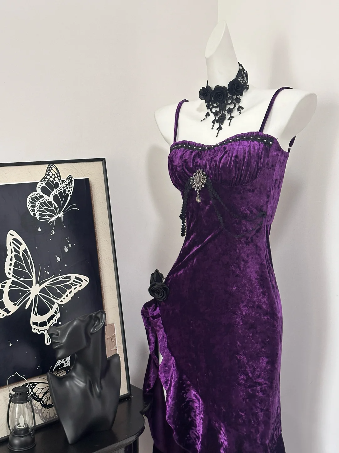 Chic Purple Spaghetti Straps Velvet Ruffles Birthday Outfits Long Party Dress