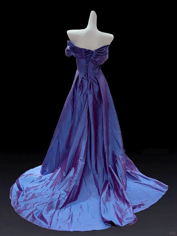 Vintage Off The Shoulder Bow Navy Blue Satin Mermaid Evening Dress Formal Prom Gown