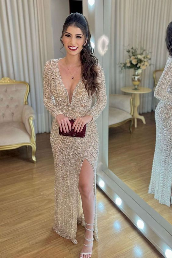 Luxurious Handmade Long Sleeves Evening Dress,Glam Dress