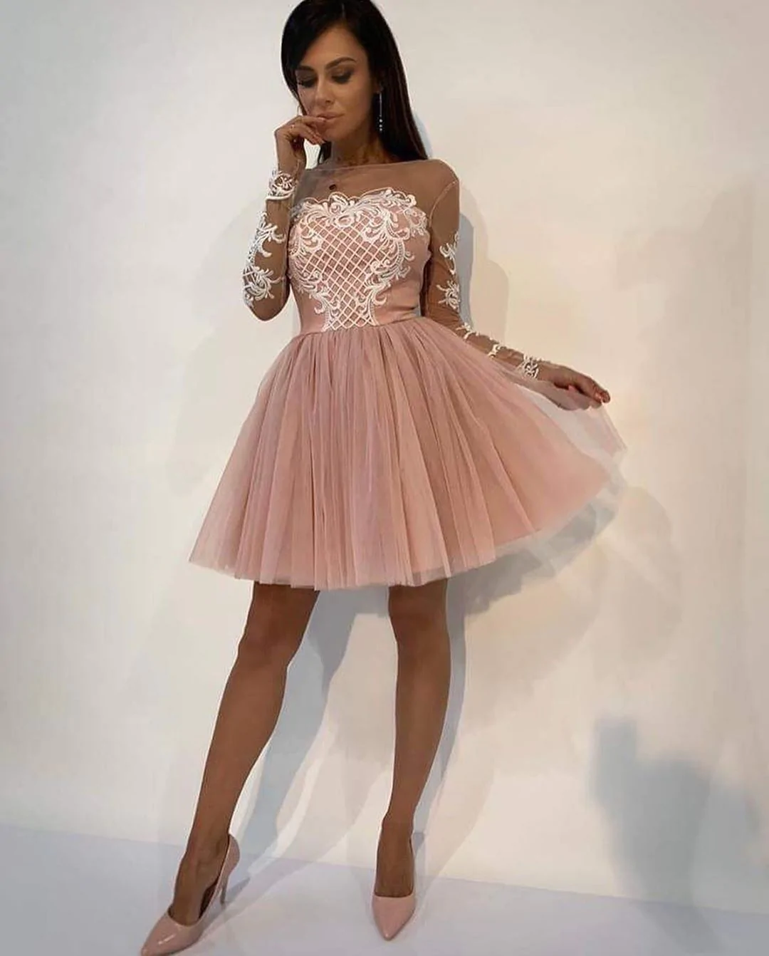 A-line Scoop Pink Lace Short Prom Dress Long Sleeve Homecoming Dress