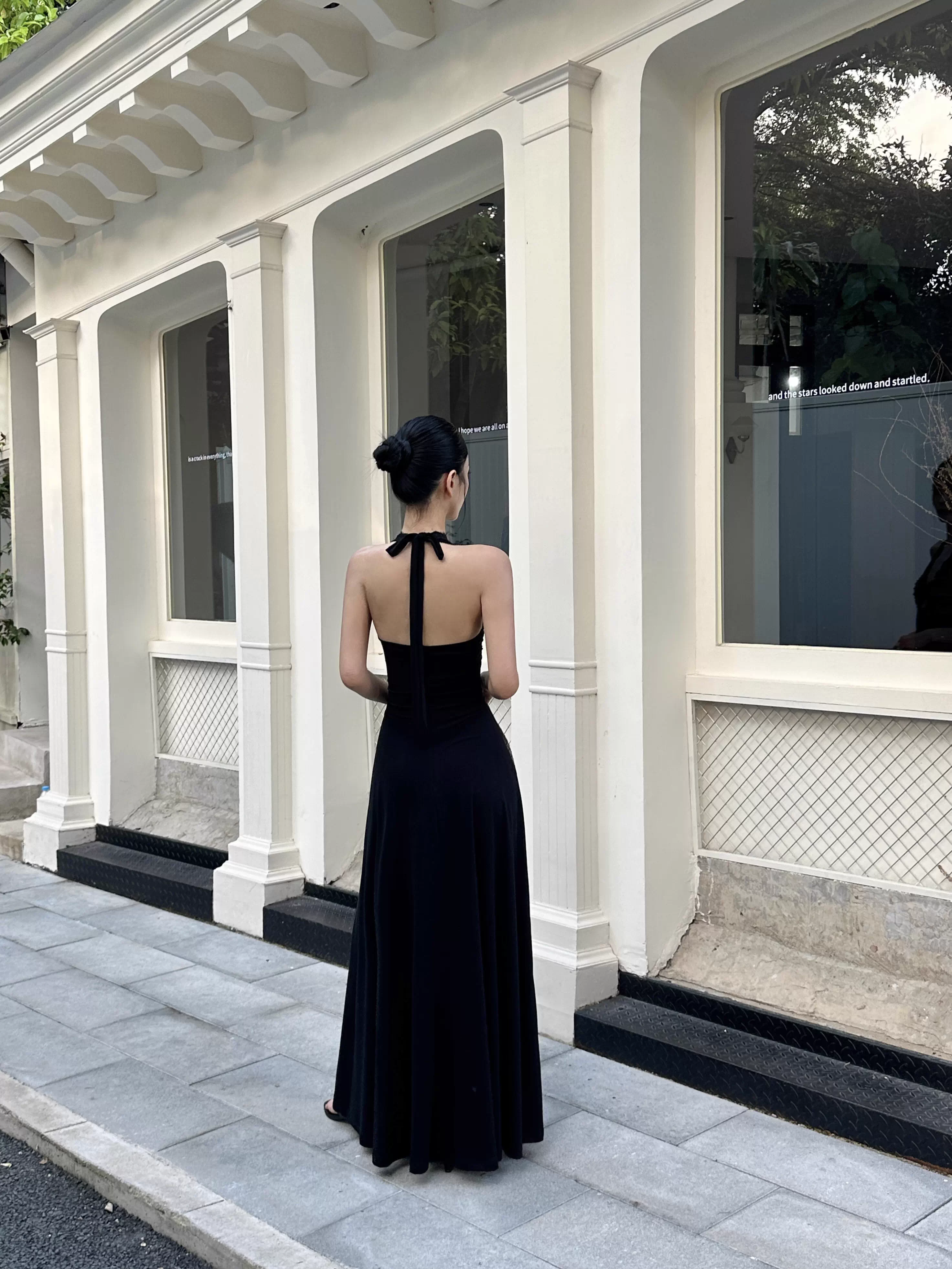 Sexy Black Halter Satin A Line Long Birthday Party Dress Evening Dress Formal Wedding Guest Dress