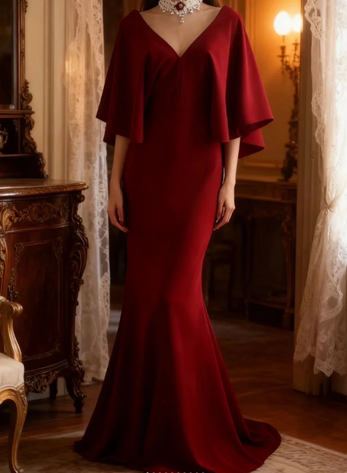 Vintage V Neck Burgundy Satin Mermaid Evening Dress Backless Long Birthday Party Dress