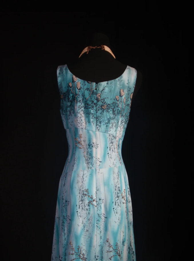 Vintage Square Neck Blue Chiffon Beaded Long Prom Dress Birthday Party Dress