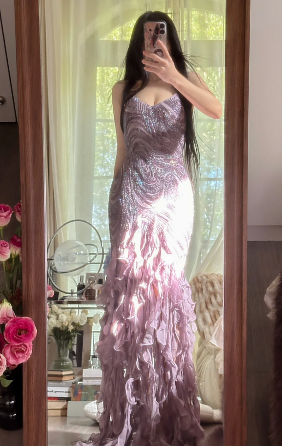 Vintage Purple Spaghetti Straps Chiffon Beaded Ruffles Mermaid Long Party Dress Birthday Prom Dress