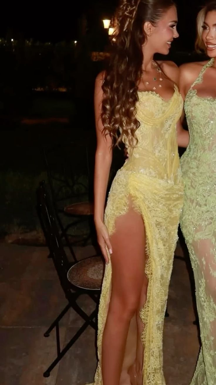 Sexy Strapless Yellow Lace Sequin High Slit Pleated Prom Gown Long Mermaid Party Dress